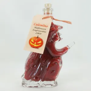 Halloween Jungfrauenblut-Essig in Hexe auf Besen mit 50% frischen Himbeeren 200ml